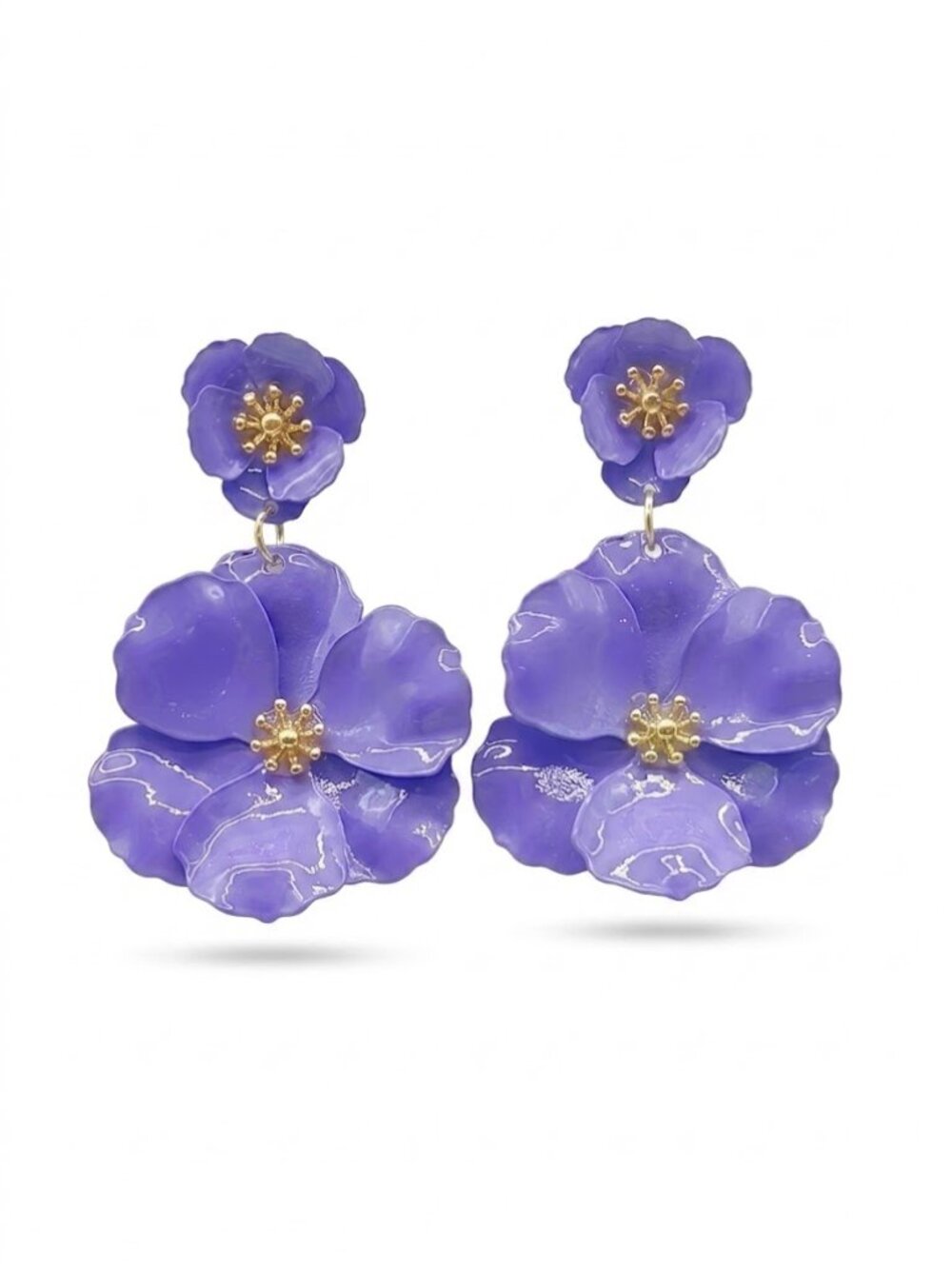 🆕 Lilac Purple Enamel 3D Petal Layered Floral Statement Drop Earrings NWOT